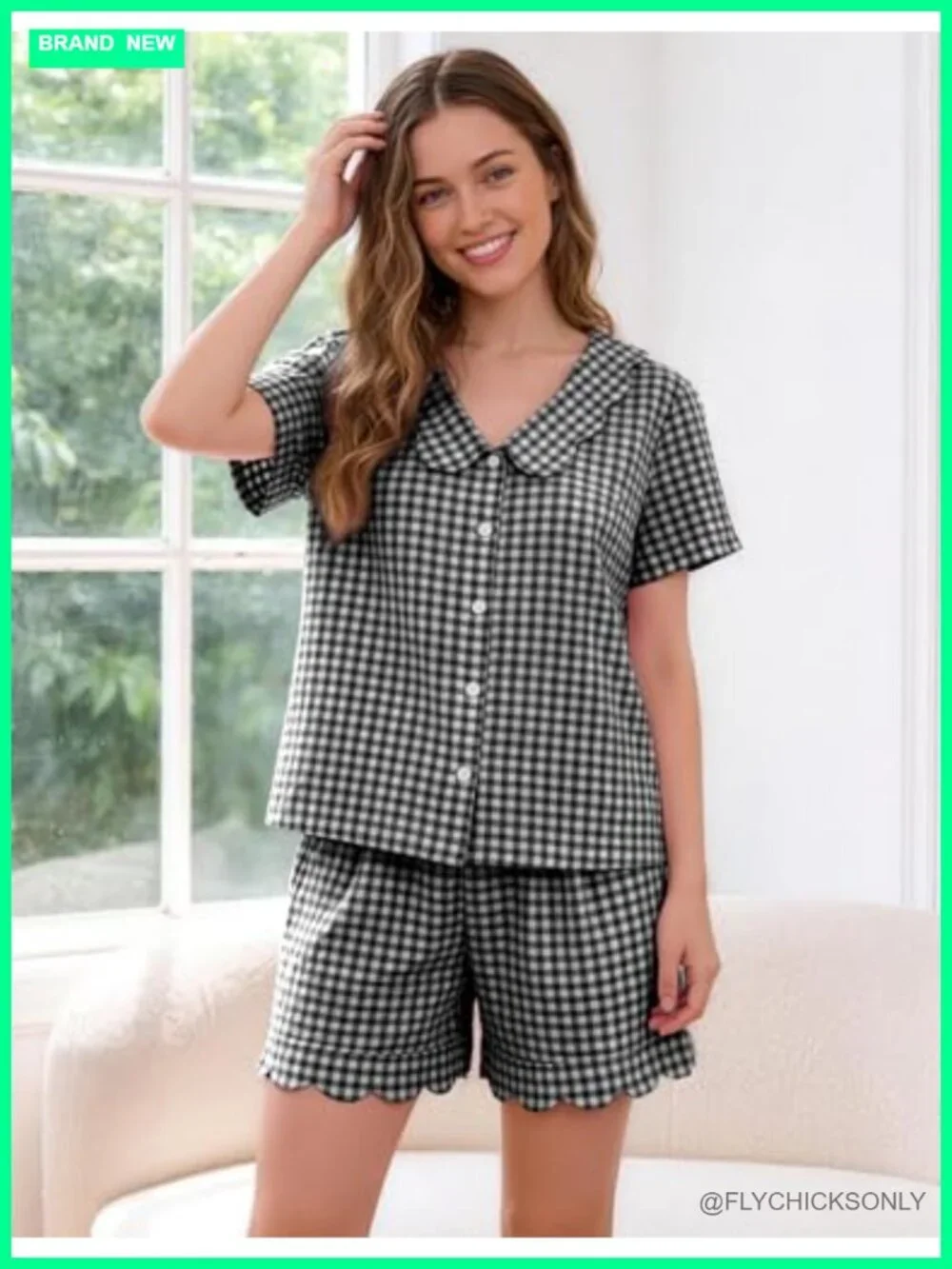 Gingham Pajama Set Cotton Scalloped Collar Pjs Shorts Lounge Set